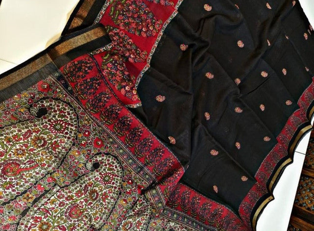 Black and red linen Kalamkari printed saree with unstitched blouse piece, 5.5 meters length