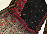 Black and red linen Kalamkari printed saree with unstitched blouse piece, 5.5 meters length