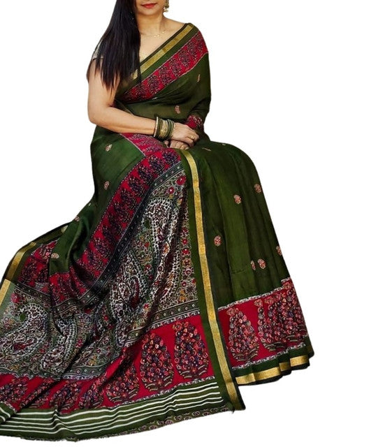 Green and pink linen Kalamkari printed saree with unstitched blouse piece, 5.5 meters length