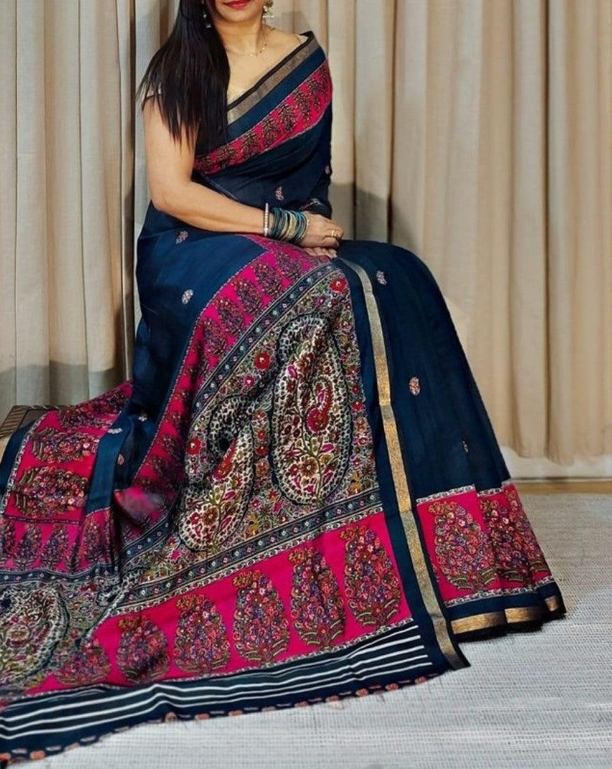 Navy blue and pink linen Kalamkari printed saree with unstitched blouse piece, 5.5 meters length