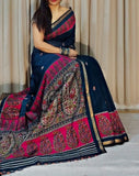 Navy blue and pink linen Kalamkari printed saree with unstitched blouse piece, 5.5 meters length
