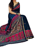 Navy blue and pink linen Kalamkari printed saree with unstitched blouse piece, 5.5 meters length