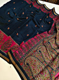Navy blue and pink linen Kalamkari printed saree with unstitched blouse piece, 5.5 meters length