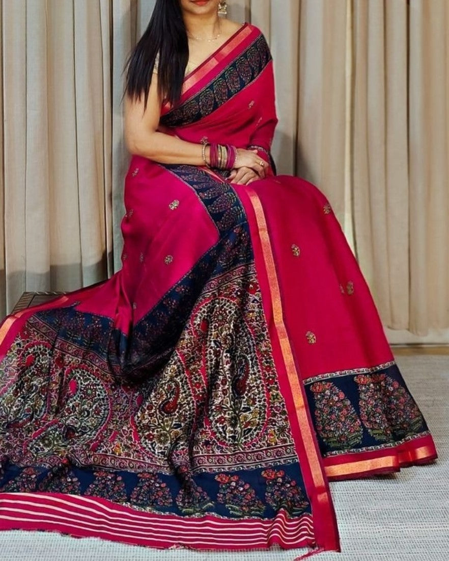 Pink and navy blue linen Kalamkari printed saree with unstitched blouse piece, 5.5 meters length