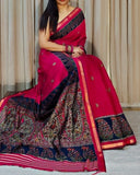 Pink and navy blue linen Kalamkari printed saree with unstitched blouse piece, 5.5 meters length