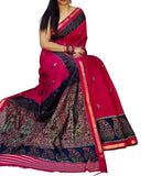 Pink and navy blue linen Kalamkari printed saree with unstitched blouse piece, 5.5 meters length