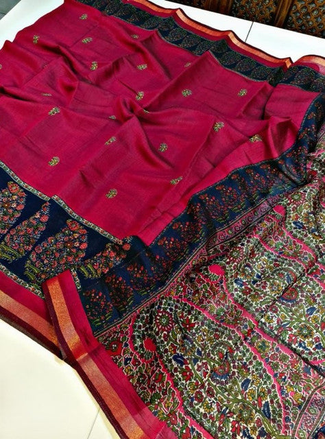 Pink and navy blue linen Kalamkari printed saree with unstitched blouse piece, 5.5 meters length