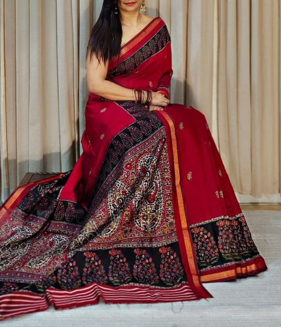 Red and navy blue linen Kalamkari printed saree with unstitched blouse piece, 5.5 meters length