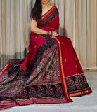 Red and navy blue linen Kalamkari printed saree with unstitched blouse piece, 5.5 meters length