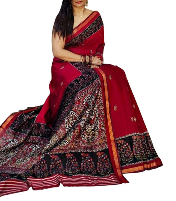Red and navy blue linen Kalamkari printed saree with unstitched blouse piece, 5.5 meters length