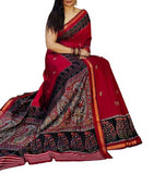 Red and navy blue linen Kalamkari printed saree with unstitched blouse piece, 5.5 meters length