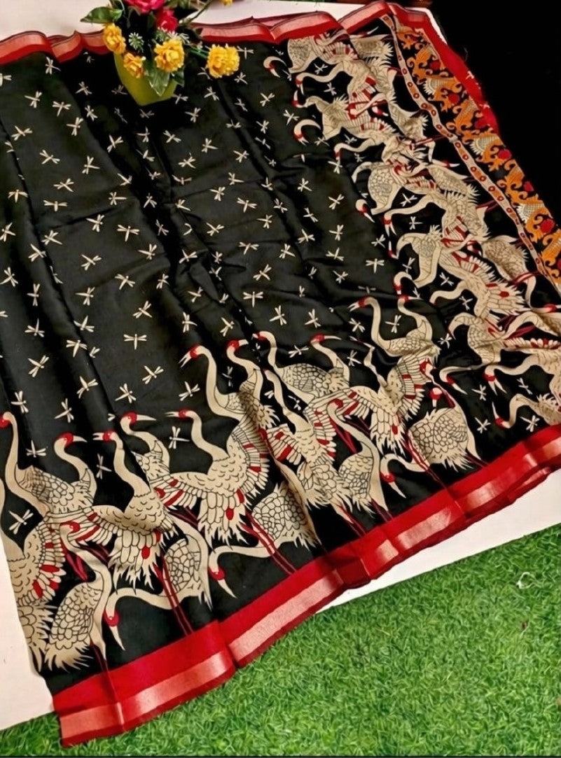 Black and red linen Kalamkari printed saree with unstitched blouse piece, 5.5 meters length