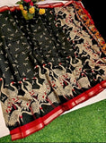 Black and red linen Kalamkari printed saree with unstitched blouse piece, 5.5 meters length