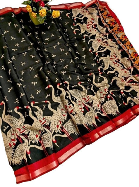 Black and red linen Kalamkari printed saree with unstitched blouse piece, 5.5 meters length