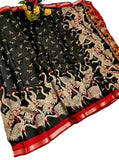 Black and red linen Kalamkari printed saree with unstitched blouse piece, 5.5 meters length