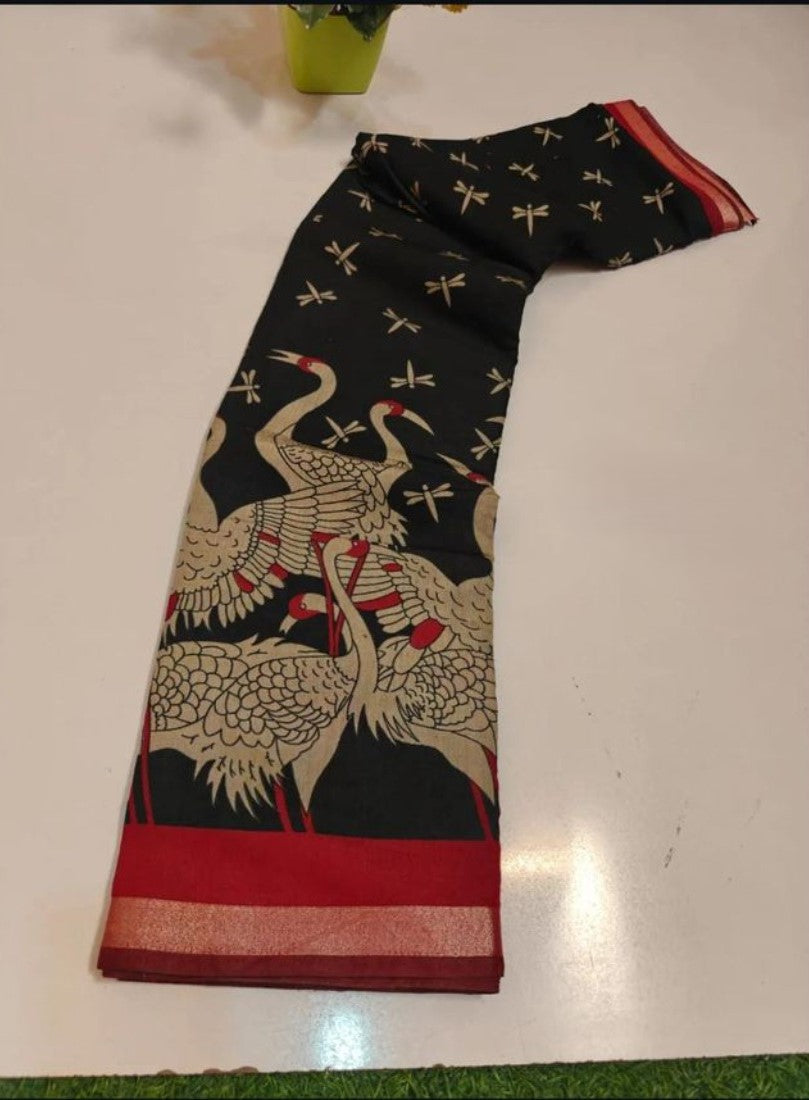 Black and red linen Kalamkari printed saree with unstitched blouse piece, 5.5 meters length