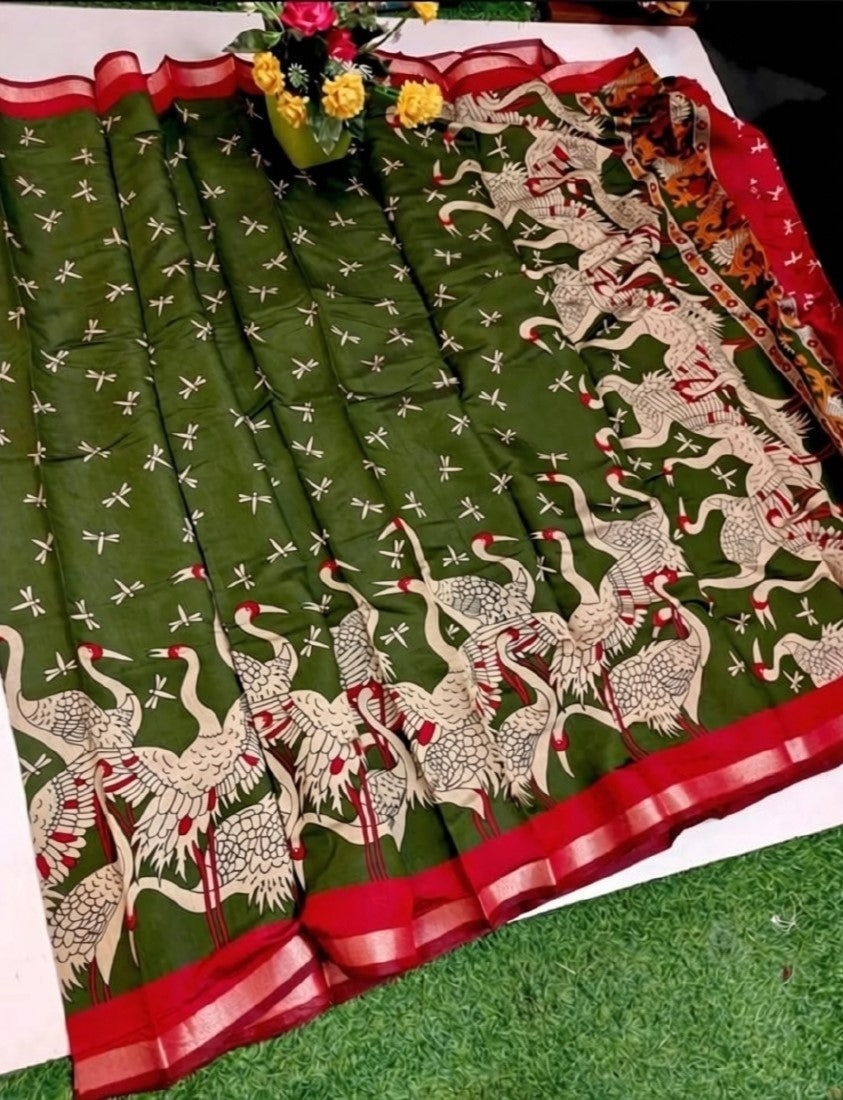 Olive green and red linen Kalamkari printed saree with unstitched blouse piece, 5.5 meters length