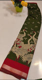 Olive green and red linen Kalamkari printed saree with unstitched blouse piece, 5.5 meters length