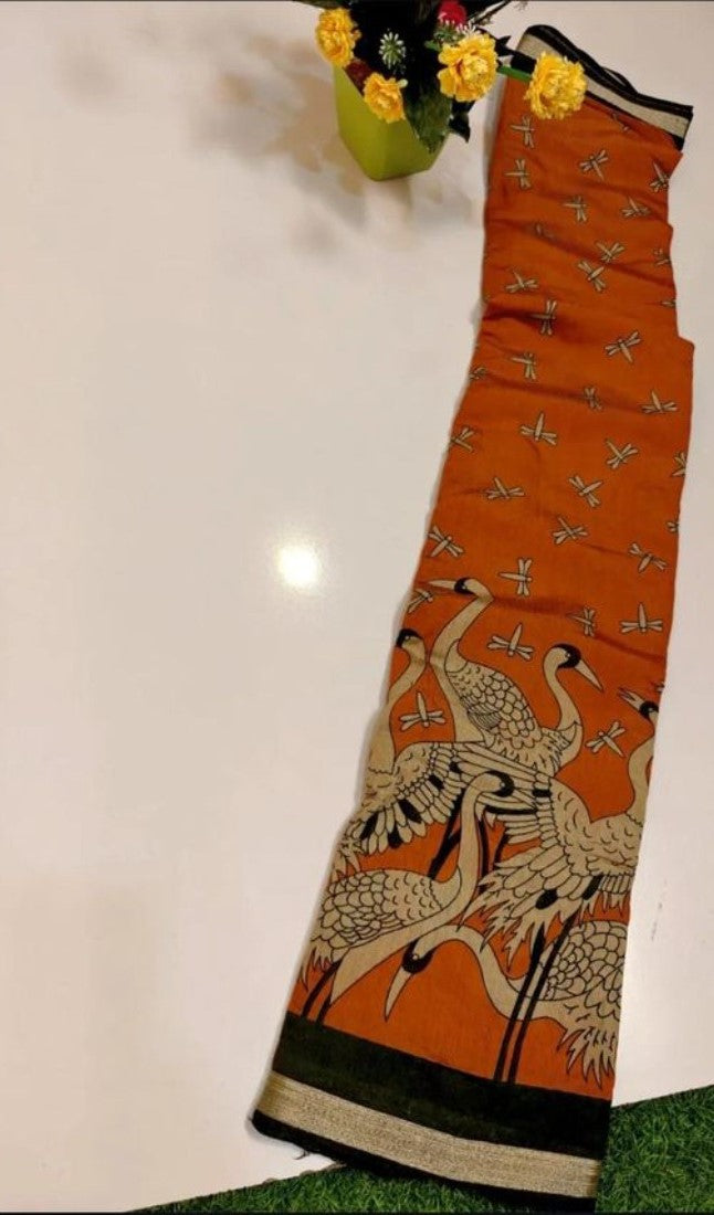 Orange-green linen Kalamkari printed saree with unstitched blouse piece, 5.5 meters length