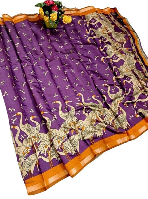 Purple-orange linen Kalamkari printed saree with unstitched blouse piece, 5.5 meters length