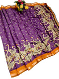 Purple-orange linen Kalamkari printed saree with unstitched blouse piece, 5.5 meters length
