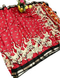 Red and black linen Kalamkari printed saree with unstitched blouse piece, 5.5 meters length