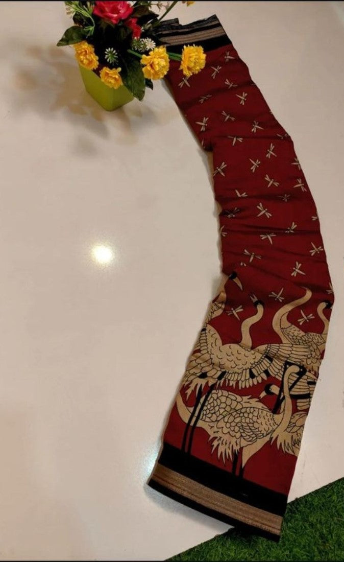 Red and black linen Kalamkari printed saree with unstitched blouse piece, 5.5 meters length