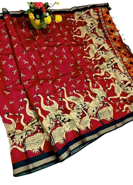 Red and navy blue linen Kalamkari printed saree with unstitched blouse piece, 5.5 meters length