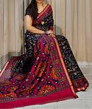 Black and pink printed linen saree with unstitched blouse piece, 5.5 meters length