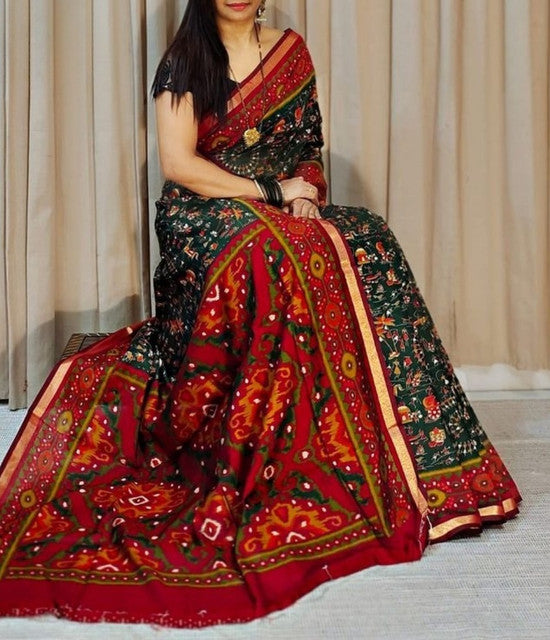 Green and red printed linen saree with unstitched blouse piece, 5.5 meters length