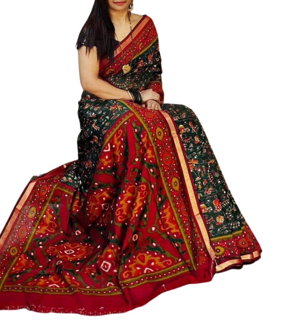 Green and red printed linen saree with unstitched blouse piece, 5.5 meters length
