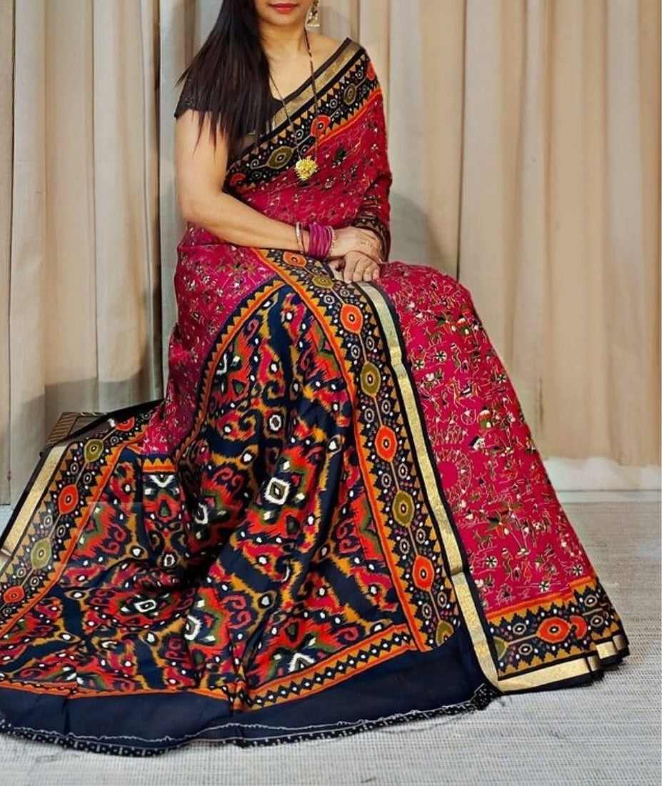 Pink and navy blue printed linen saree with unstitched blouse piece, 5.5 meters length