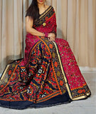 Pink and navy blue printed linen saree with unstitched blouse piece, 5.5 meters length
