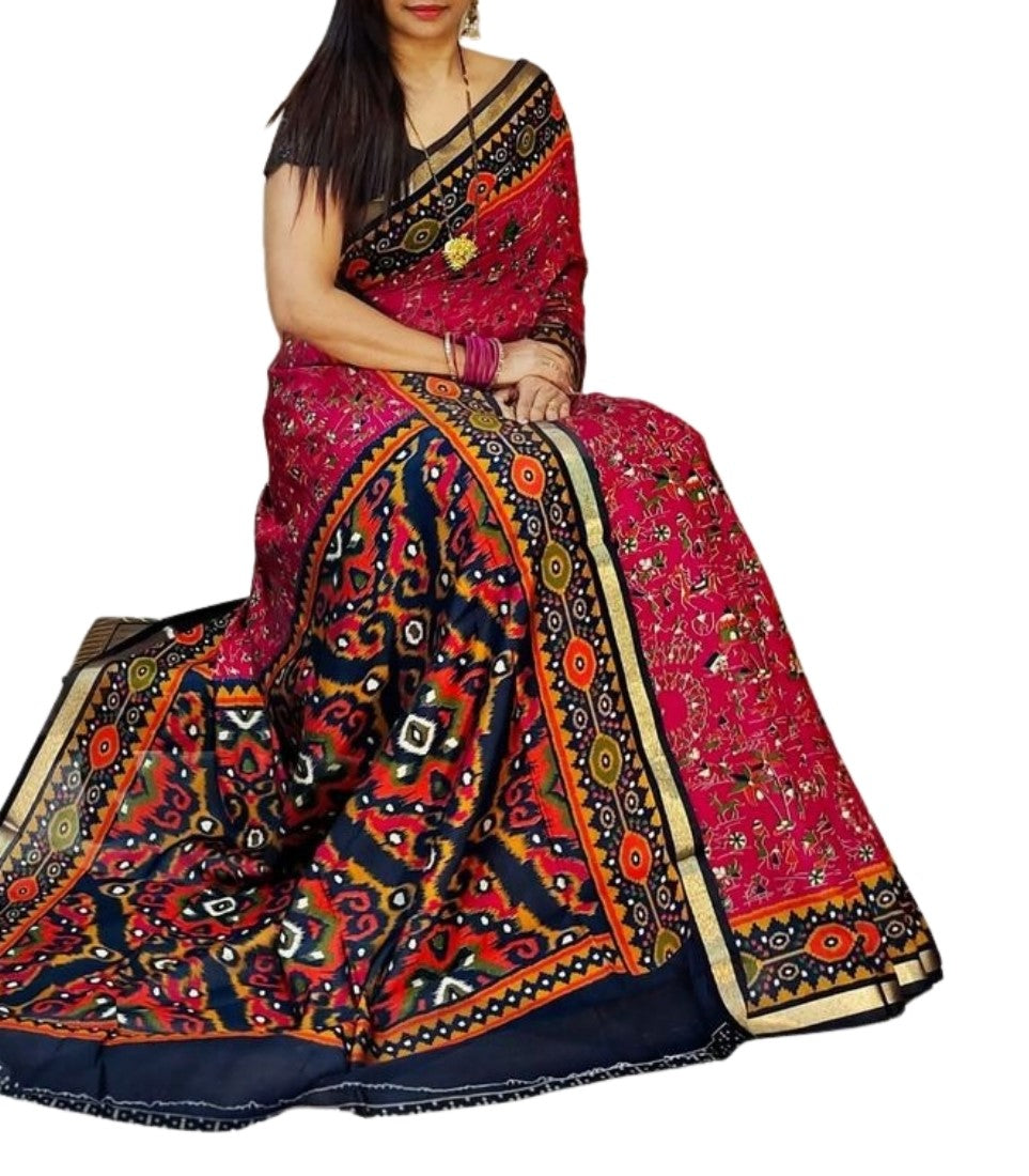 Pink and navy blue printed linen saree with unstitched blouse piece, 5.5 meters length
