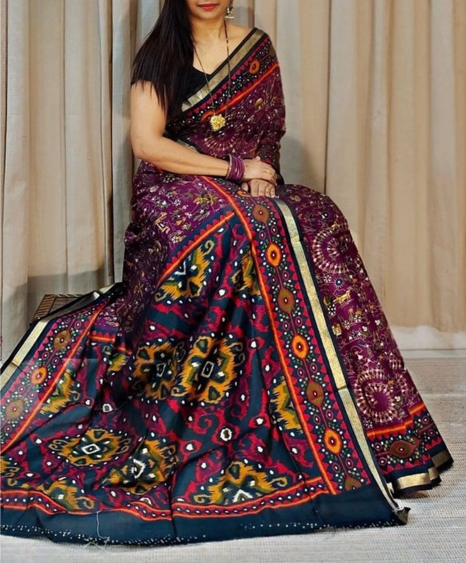 Purple and navy blue printed linen saree with unstitched blouse piece, 5.5 meters length