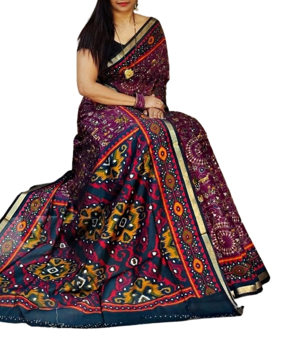 Purple and navy blue printed linen saree with unstitched blouse piece, 5.5 meters length