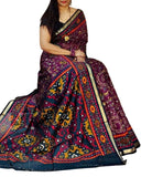 Purple and navy blue printed linen saree with unstitched blouse piece, 5.5 meters length