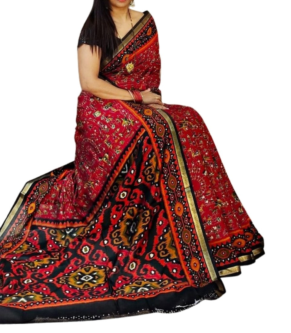 Red and black printed linen saree with unstitched blouse piece, 5.5 meters length