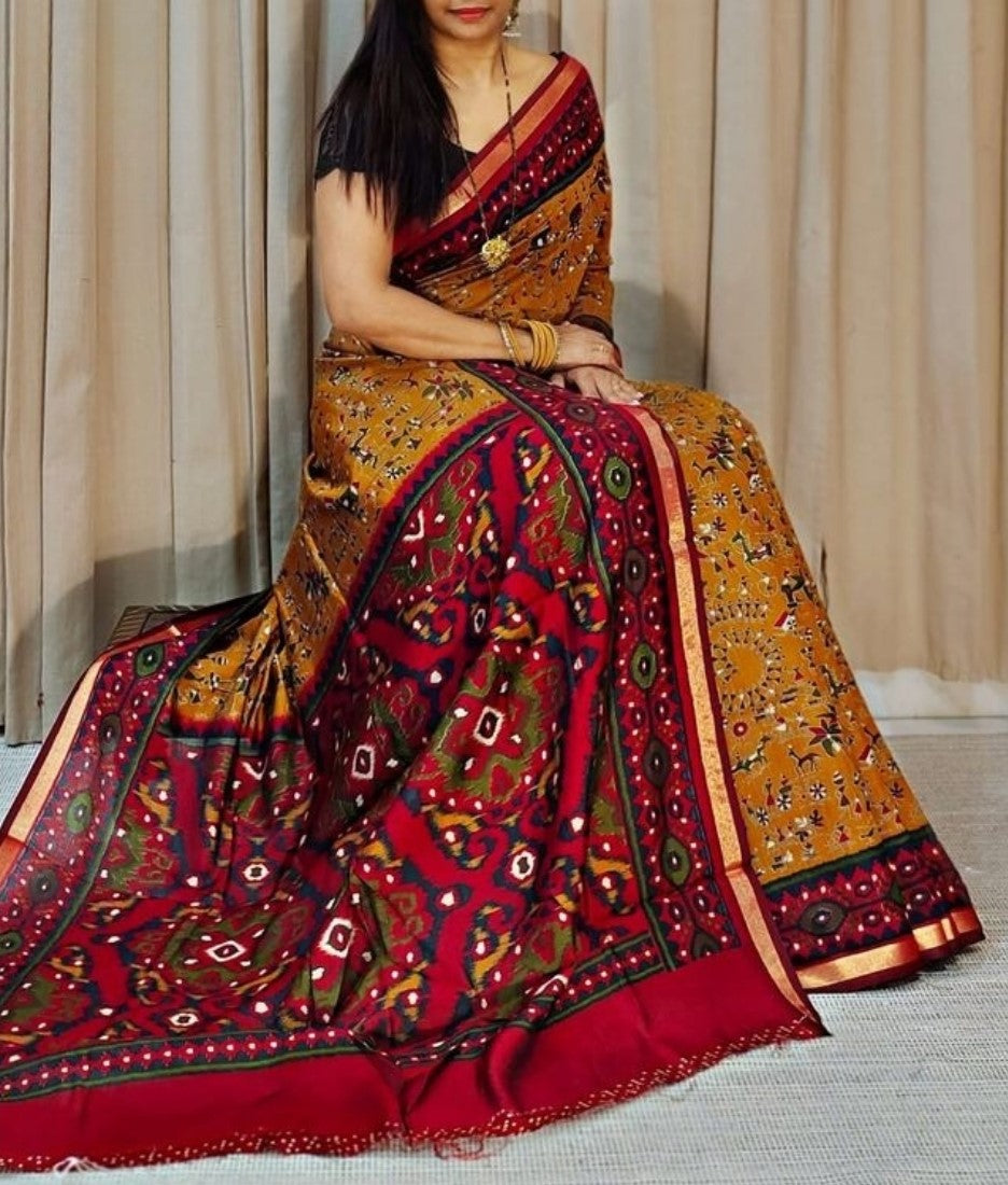 Mustard yellow and red printed linen saree with unstitched blouse piece, 5.5 meters length