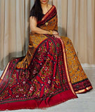Mustard yellow and red printed linen saree with unstitched blouse piece, 5.5 meters length