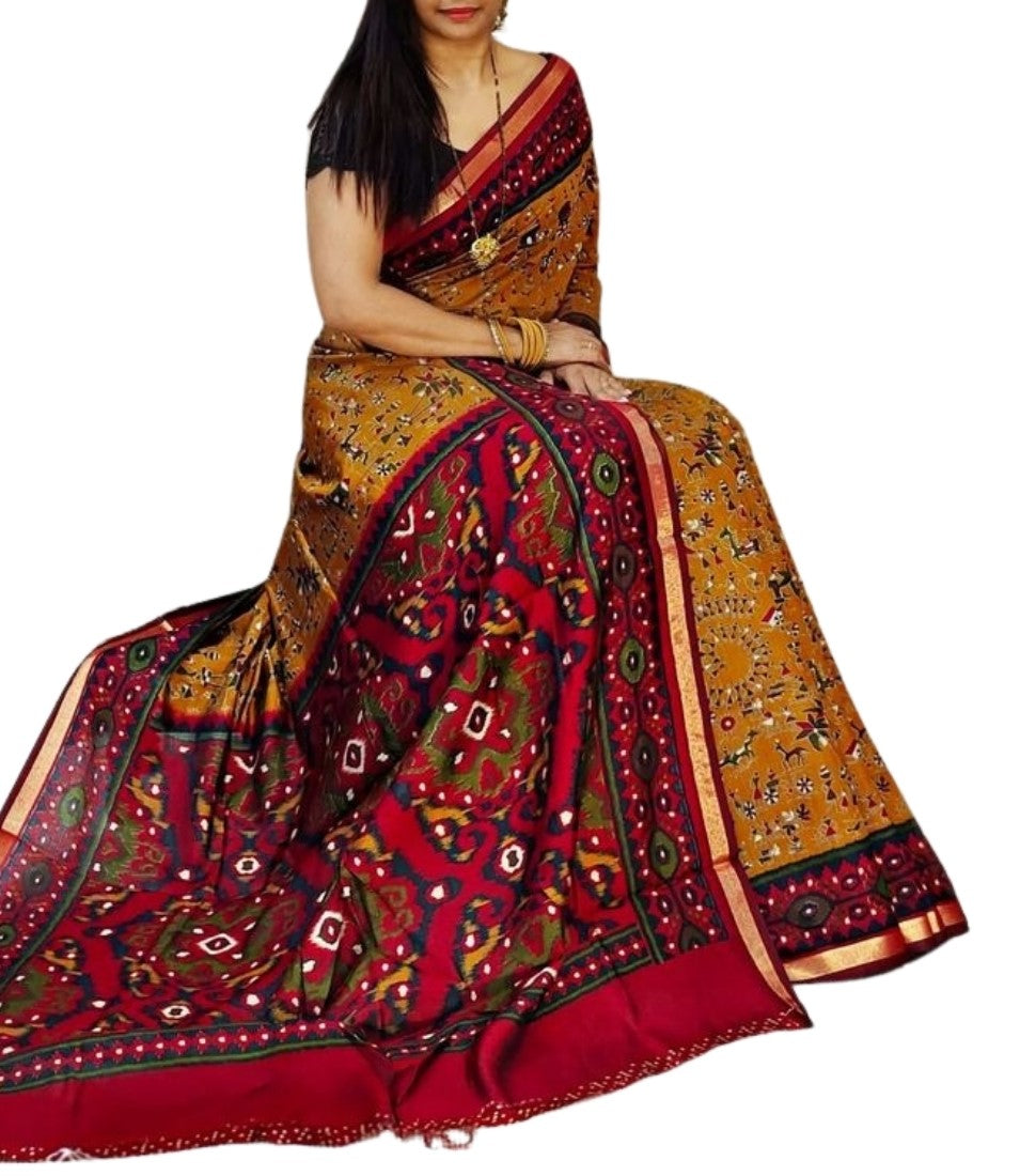 Mustard yellow and red printed linen saree with unstitched blouse piece, 5.5 meters length