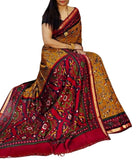 Mustard yellow and red printed linen saree with unstitched blouse piece, 5.5 meters length