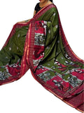 Olive green and maroon linen Kalamkari printed saree with unstitched blouse piece, 5.5 meters length