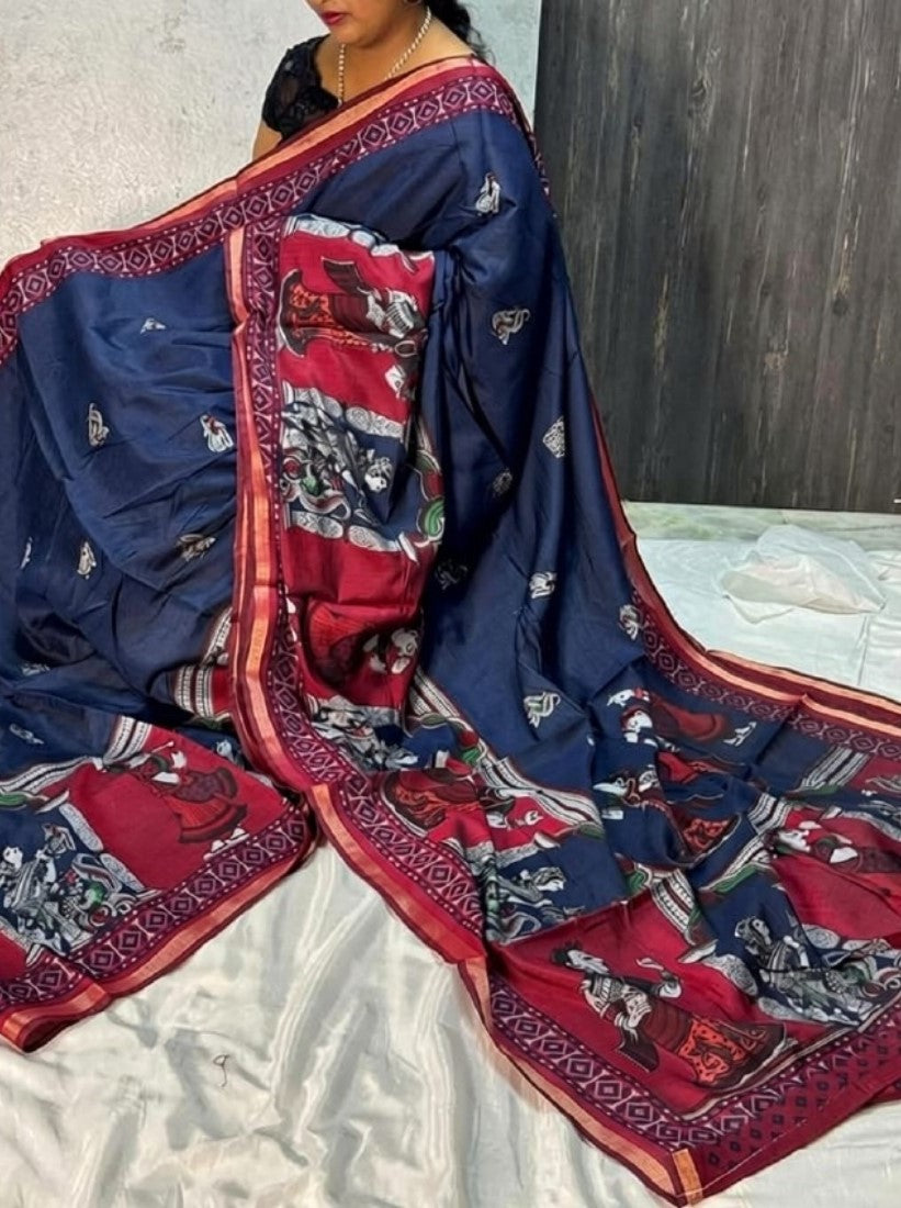 Navy blue and maroon linen Kalamkari printed saree with unstitched blouse piece, 5.5 meters length