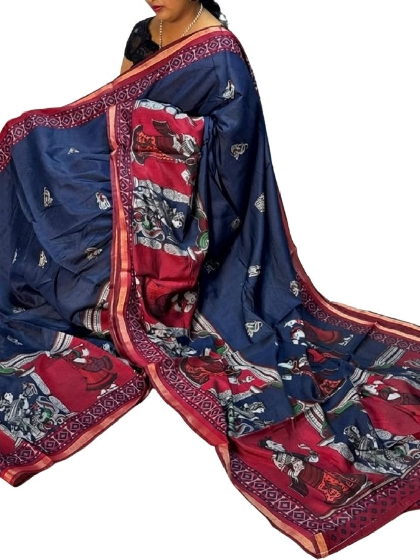 Navy blue and maroon linen Kalamkari printed saree with unstitched blouse piece, 5.5 meters length