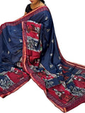 Navy blue and maroon linen Kalamkari printed saree with unstitched blouse piece, 5.5 meters length