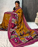 Mustard yellow and magenta linen Kalamkari printed saree with unstitched blouse piece, 5.5 meters