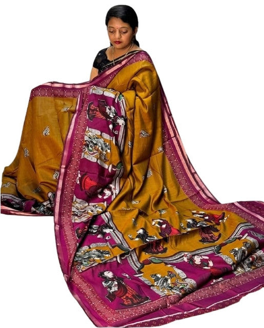 Mustard yellow and magenta linen Kalamkari printed saree with unstitched blouse piece, 5.5 meters