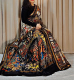 Multicolor linen Kalamkari printed saree with unstitched blouse piece, 5.5 meters length