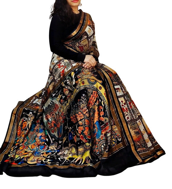 Multicolor linen Kalamkari printed saree with unstitched blouse piece, 5.5 meters length